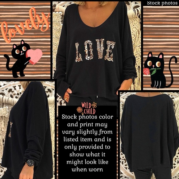 NWT M/8  BLACK KNIT MINIMALIST TOP W CONTRASTING ANIMAL PRINT LOVE GRAPHIC - Picture 2 of 13